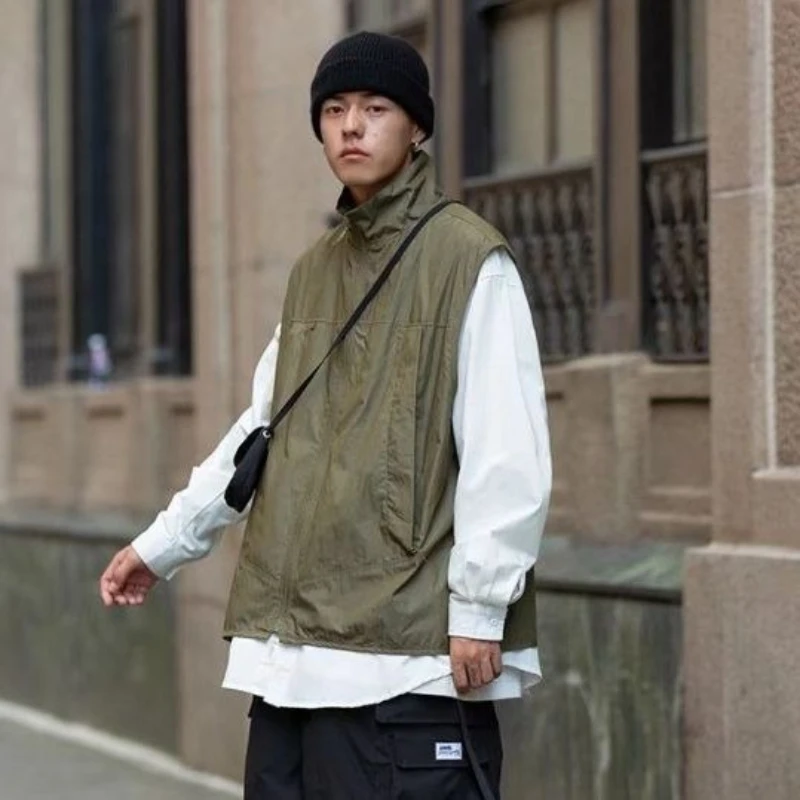 Men's Quick Drying Outdoor Vest Casual Windbreaker Jacket with Standing Collar Loose Fit Large Size Workwear Clothing
