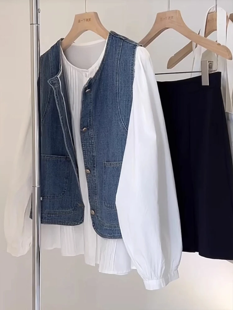 

Джинсовый жилет в стиле ретро, женский круглый многослойный волнистый жилет, топ для поездок на работу, дизайн сращивания