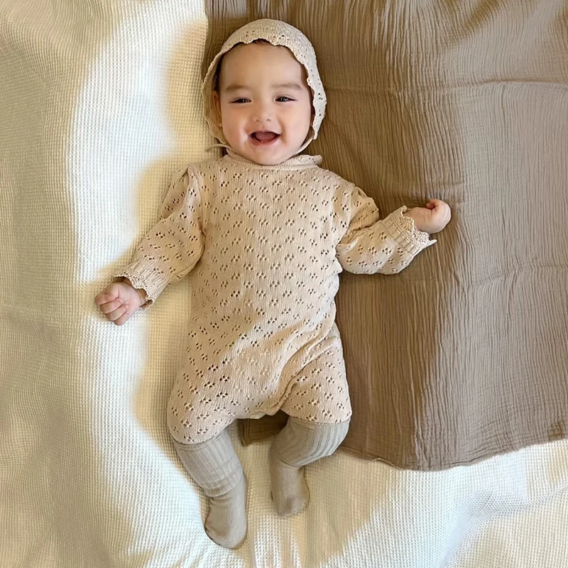 

Новый вязаный комбинезон для новорожденных мальчиков и девочек, альпинистский + шапка, 2 шт., ажурная одежда, комбинезон, детская повседневная мягкая одежда для малышей