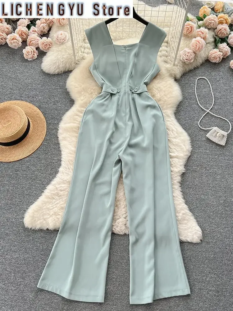 

New Elegant Style Chic Jumpsuit Women Solid Color Square Collar Straight Sleeveless Jumpsuits Winter Spring