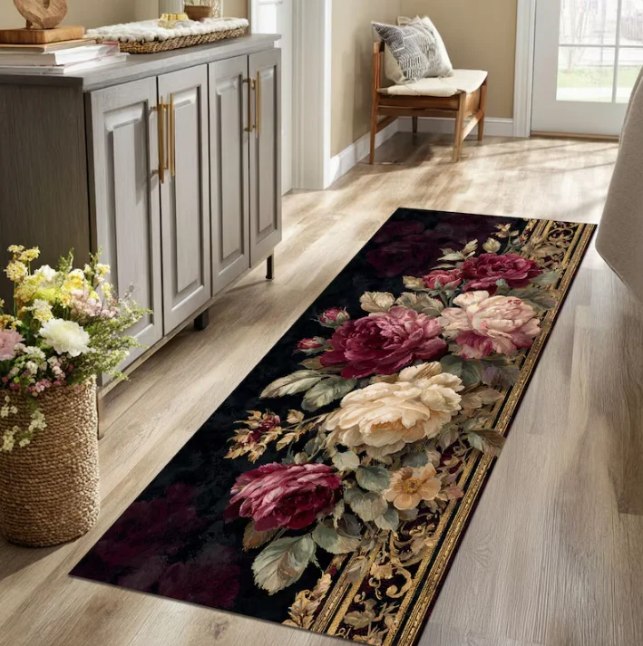 Rose Floral Hallway Runner Rug Birthday Gift Non Slip Floormat Washable Long Runner Carpet for Kitchen Hallway Gift for Mother