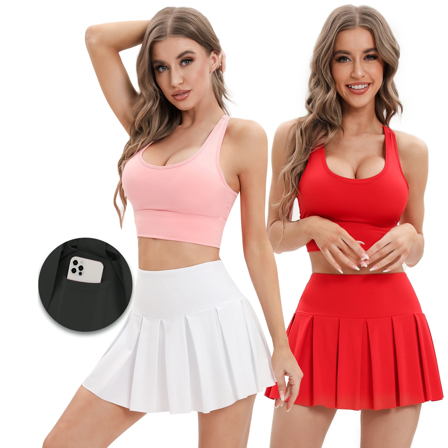 

Summer Tennis Skirt with Shorts Women Badminton Pleated Skort Workout Sports Bra Top Bottom Golf Wear Red Pink White Tracksuit