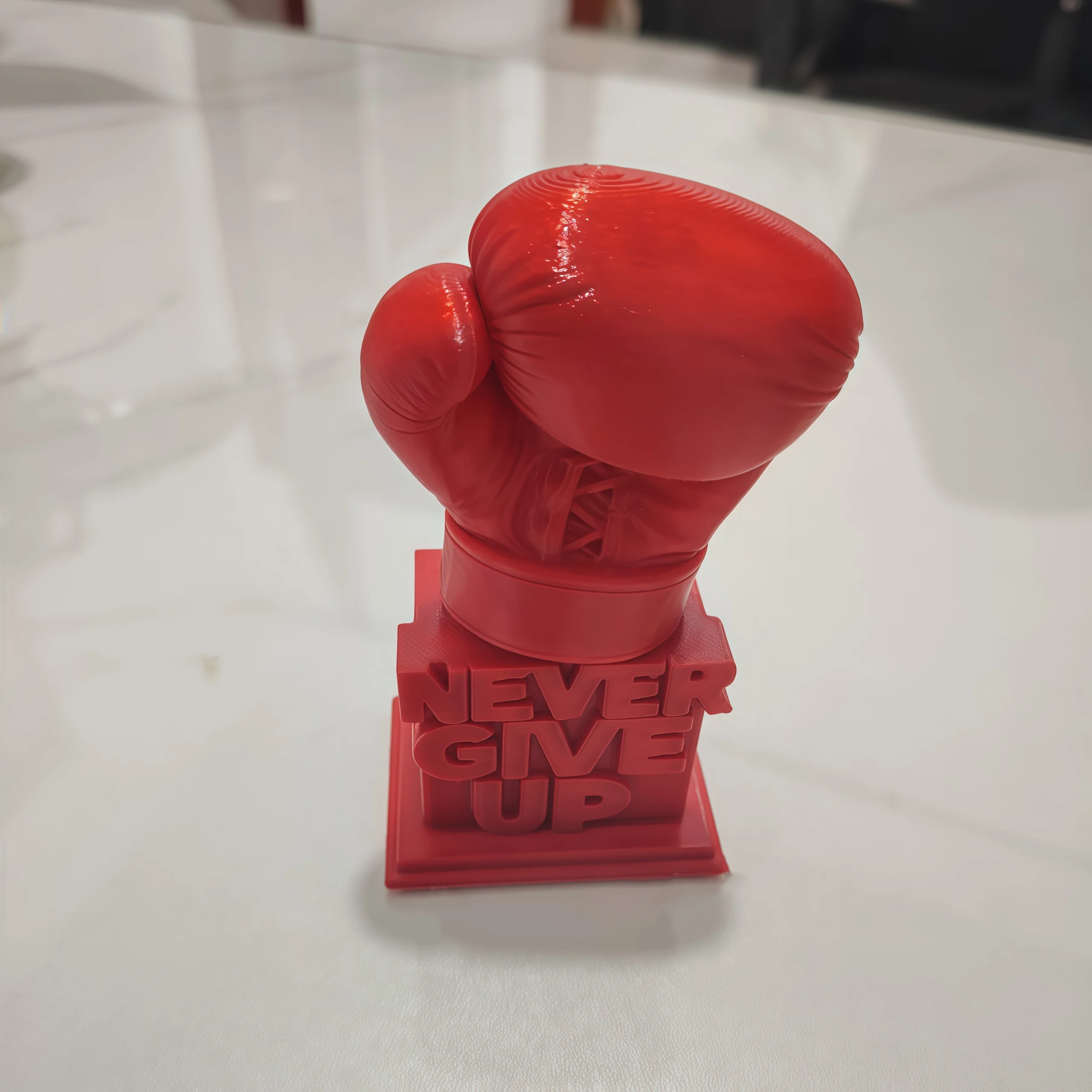 Never Give Up Boxing Gloves Statue Plastic Craft Figurine with Engraved Solid Base Desktop Decor for Home Office Inspirational G