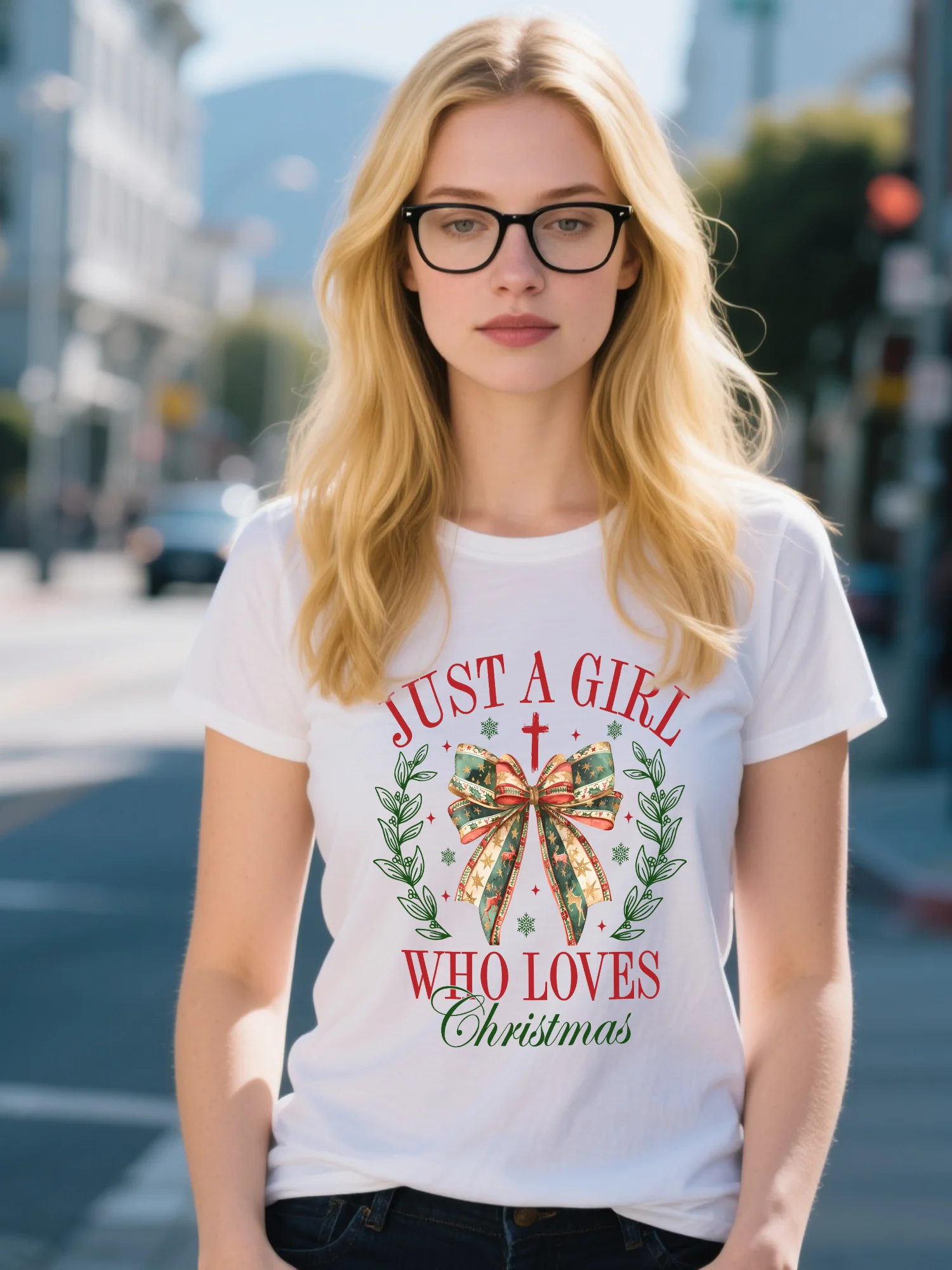 تي شيرت نسائي من القطن العضوي - طباعة قبعة سانتا هاي ستريت بيضاء، أساسية للشتاء ماصة للرطوبة #1