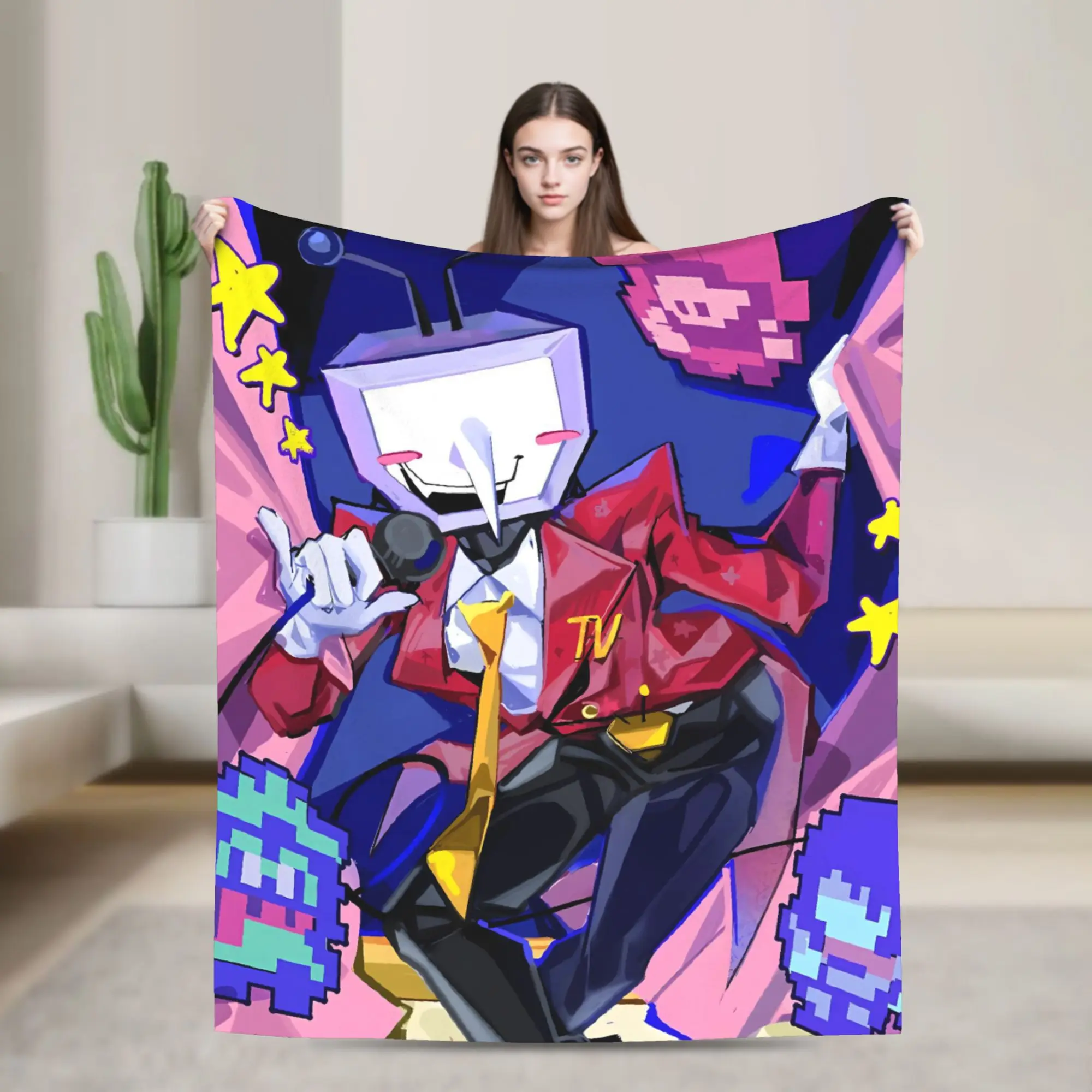 Deltarunes Spamton Game Flannel Blanket  Warm Soft Throw Blanket for Home Decor Decorative Street Trend Bedspread Sofa Bed Cover