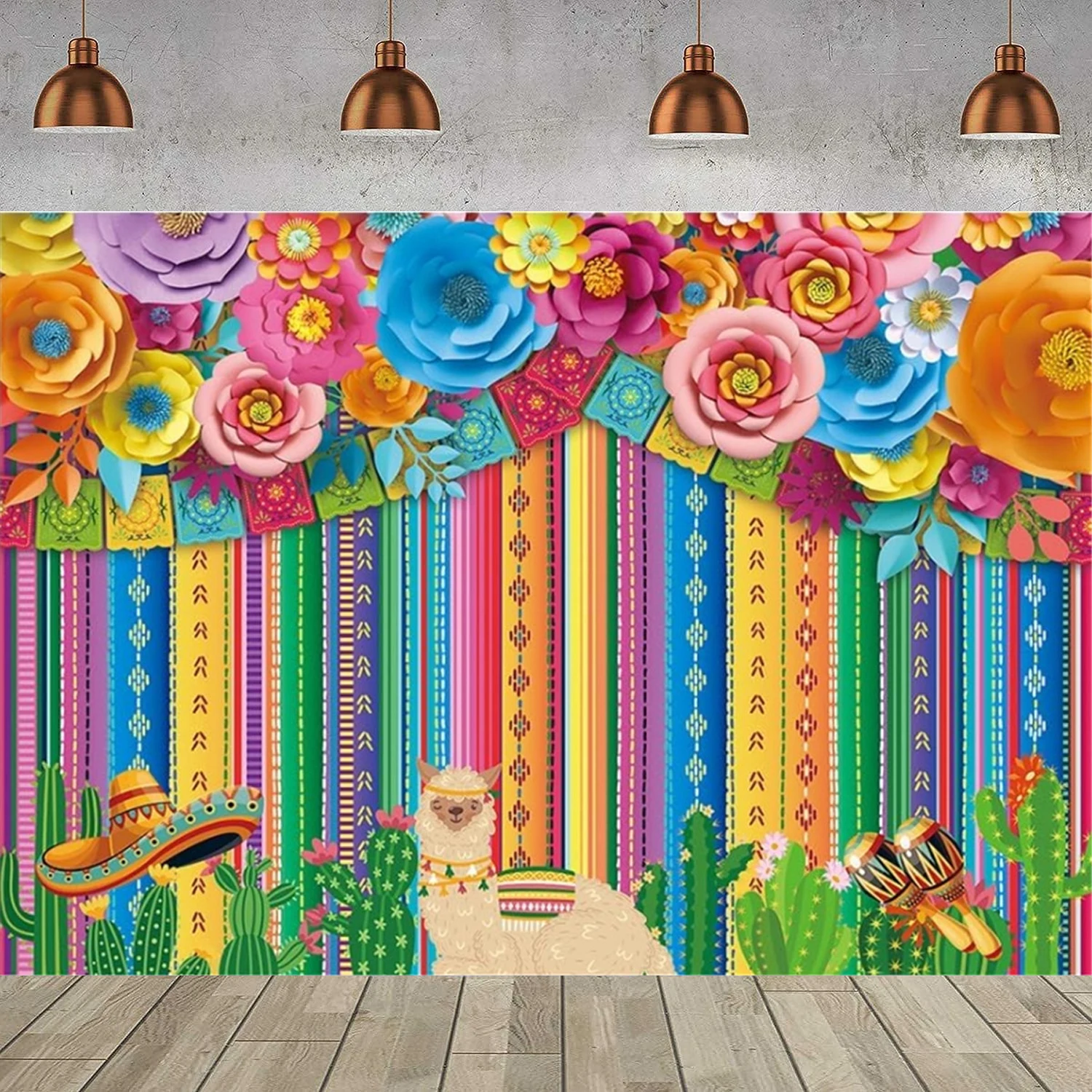Mexican Fiesta Photography Backdrop Color Stripes Paper Flower Fiesta Background Mexican Theme Birthday Wedding Party Decoration
