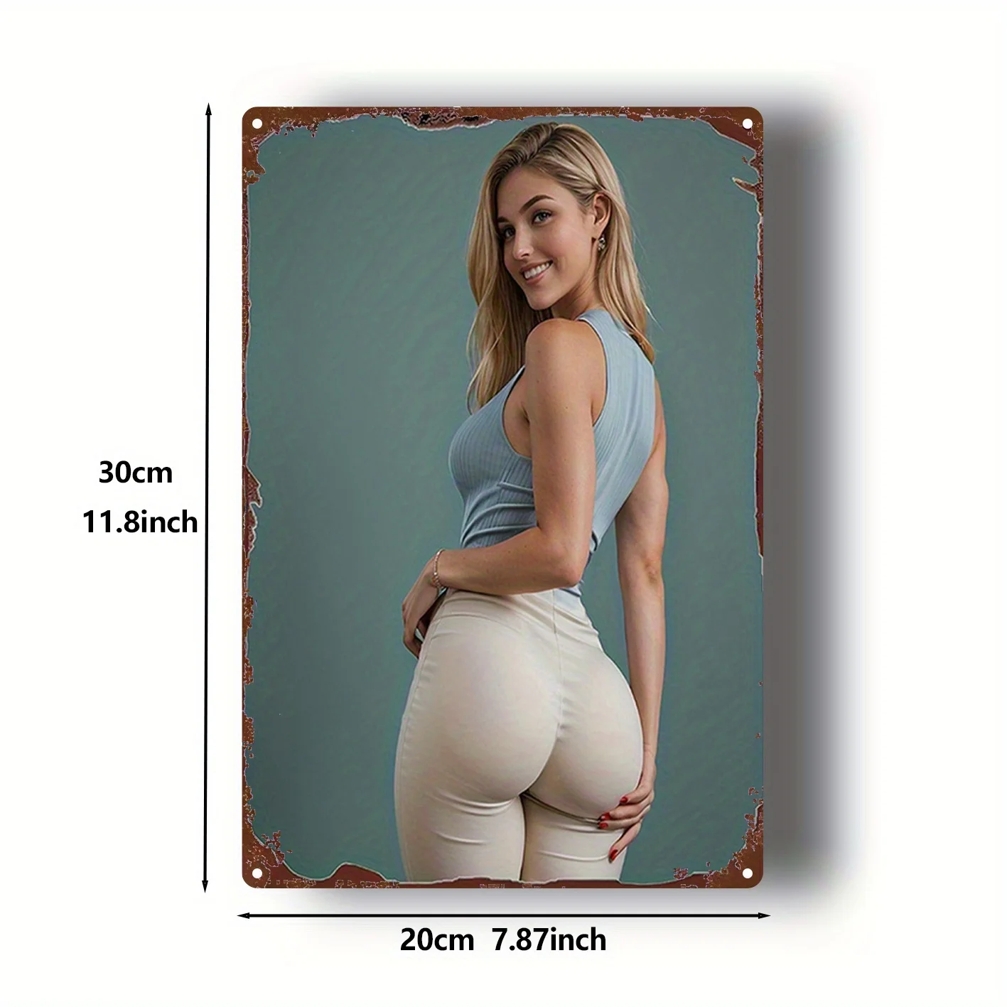 HD Metal Tin Sign Stunning Blonde Woman in Light Blue Sleeveless Top & Beige Pants Teal Background Vintage Wall Art Plaque Retro