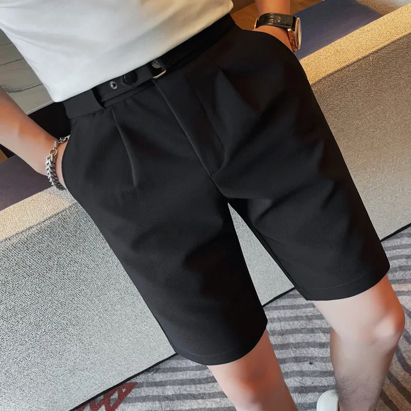 Casual Fashion Middle Pants Non-Ironing Treatment，Men\'s Summer New Cropped Pants, Slim-Fit Solid Color Dark Striped Suit Shorts