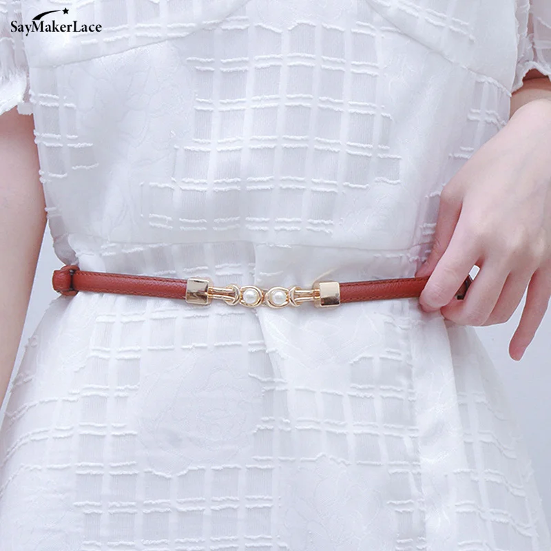 

New Women's Belt Creative Double Pearl Leather Dress Waist Elastic Thin Belt Elegant Women Fashion Accessory Female Belt