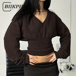 BIIKPIIK Vintage V-neck Short Hoodies American Style Distressed Girdling Long Sleeve Crop Tops Autumn Winter Pullovers All-match