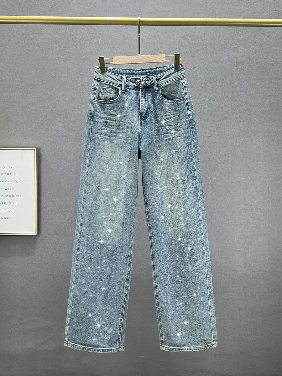 

Hot Diamond Star Pendant Design Sense High Waist Washed Jeans Women's Summer Loose and Skinny Versatile Straight Pants