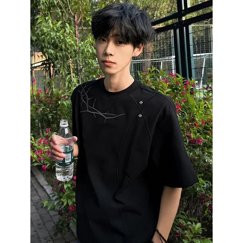 

Men American Style Thorn Embroidery T-Shirt Summer Casual Loose Short Sleeve Fashion Streetwear Hip Hop Top Teen Boys Clothes