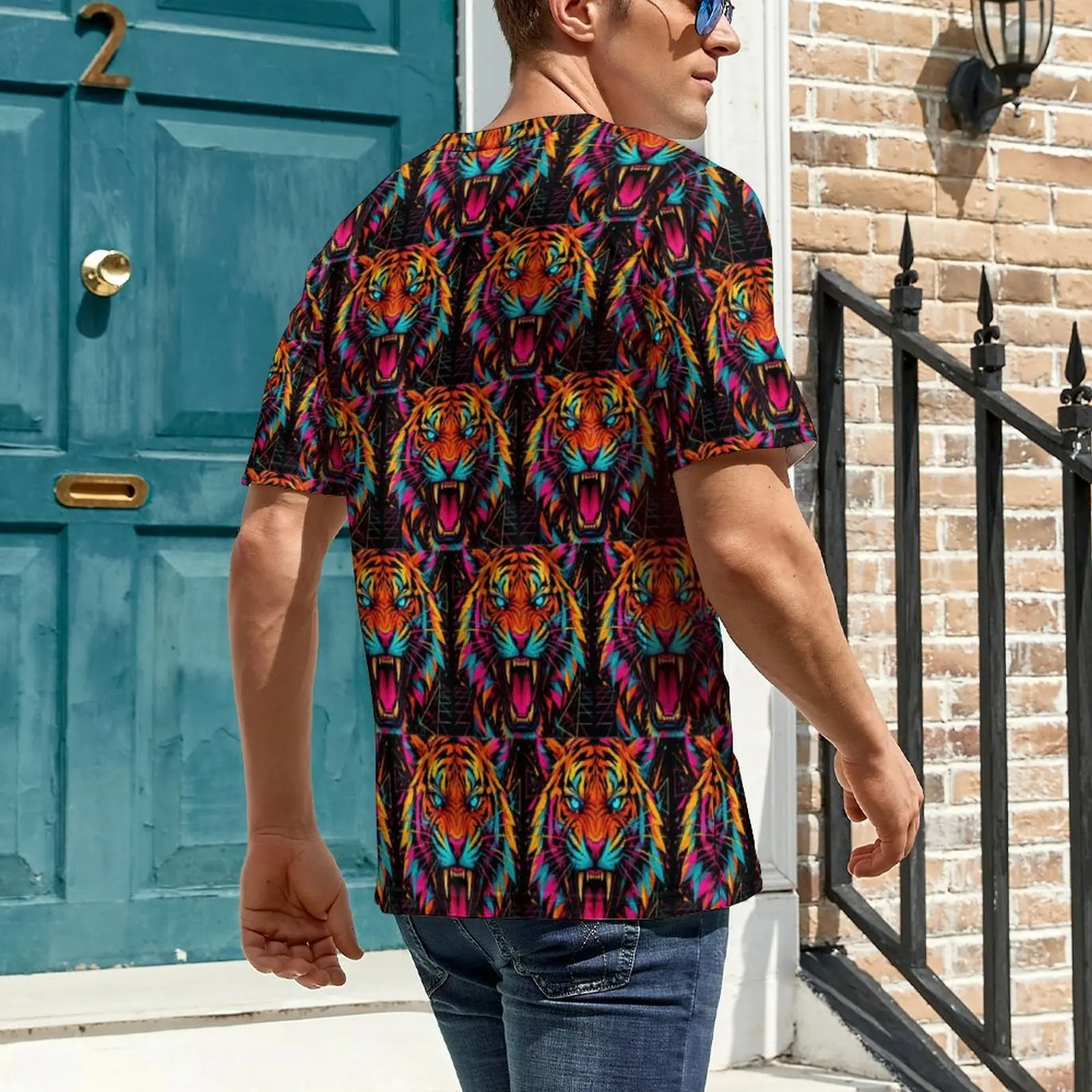 Neon Geometric Tiger Pop Art T Shirt For Man O Neck T-Shirts Premium Hippie Clothes Short-Sleeve Casual Oversize Tees Gift