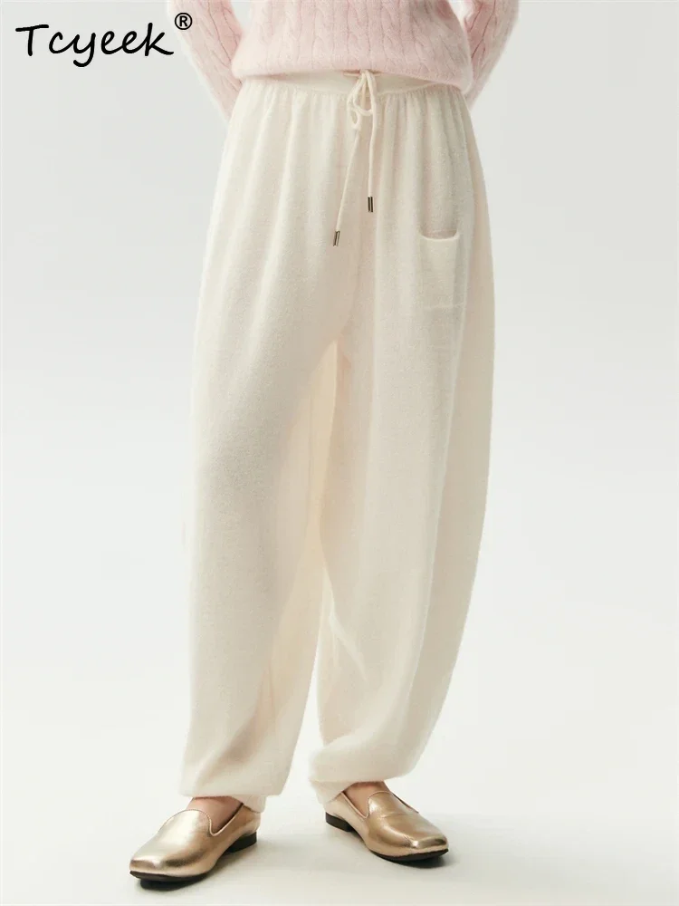 Tcyeek Autumn Winter Sweatpants Women's Pants 100% Cashmere Pants Versatile Loose Casual Pants Lace-up Trousers Warm Haren Pant