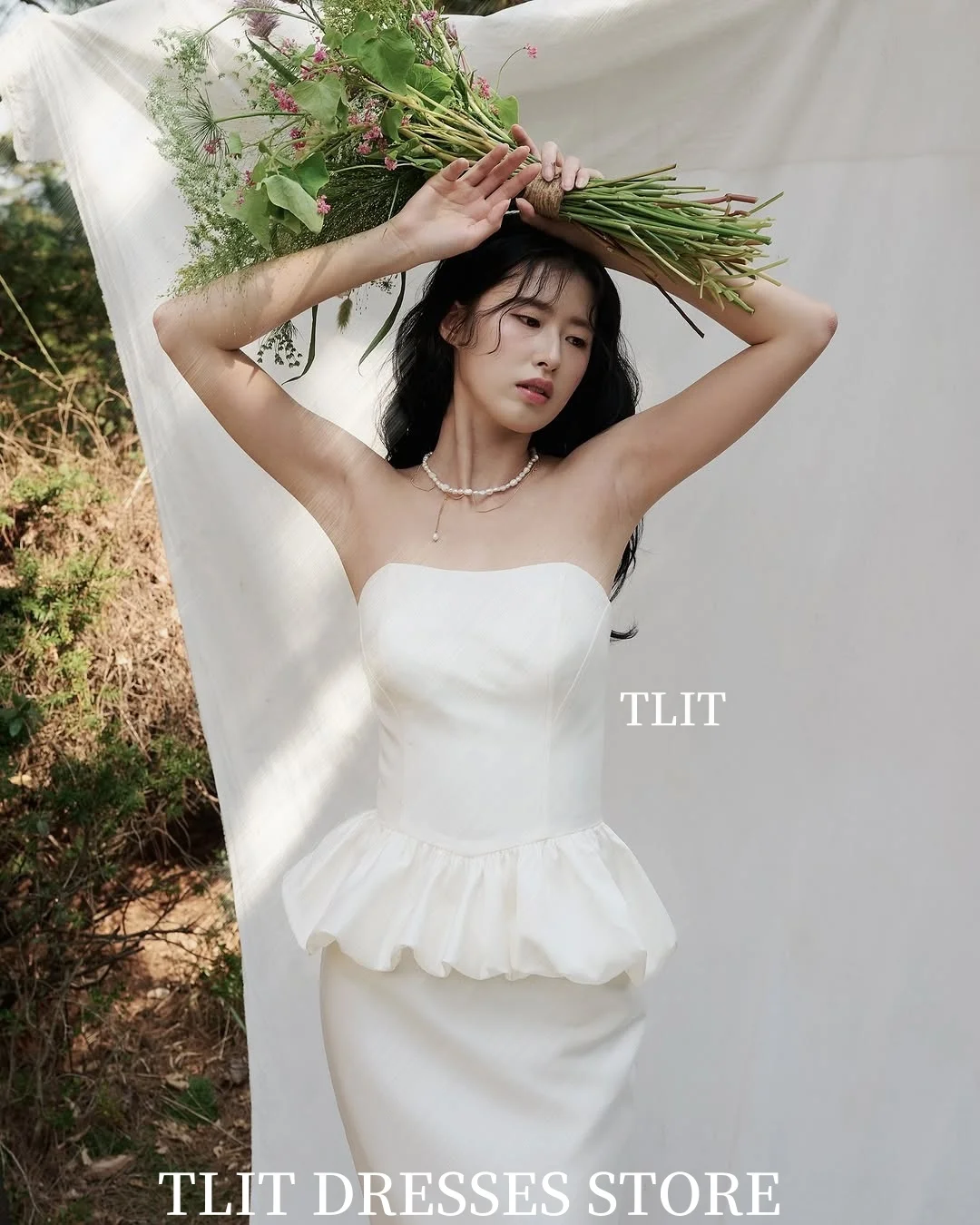 TLIT eleganckie białe suknie wieczorowe z falbaną w kształcie litery A Korea suknie ślubne sesja zdjęciowa dostosowane suknie na bal maturalny bez ramiączek