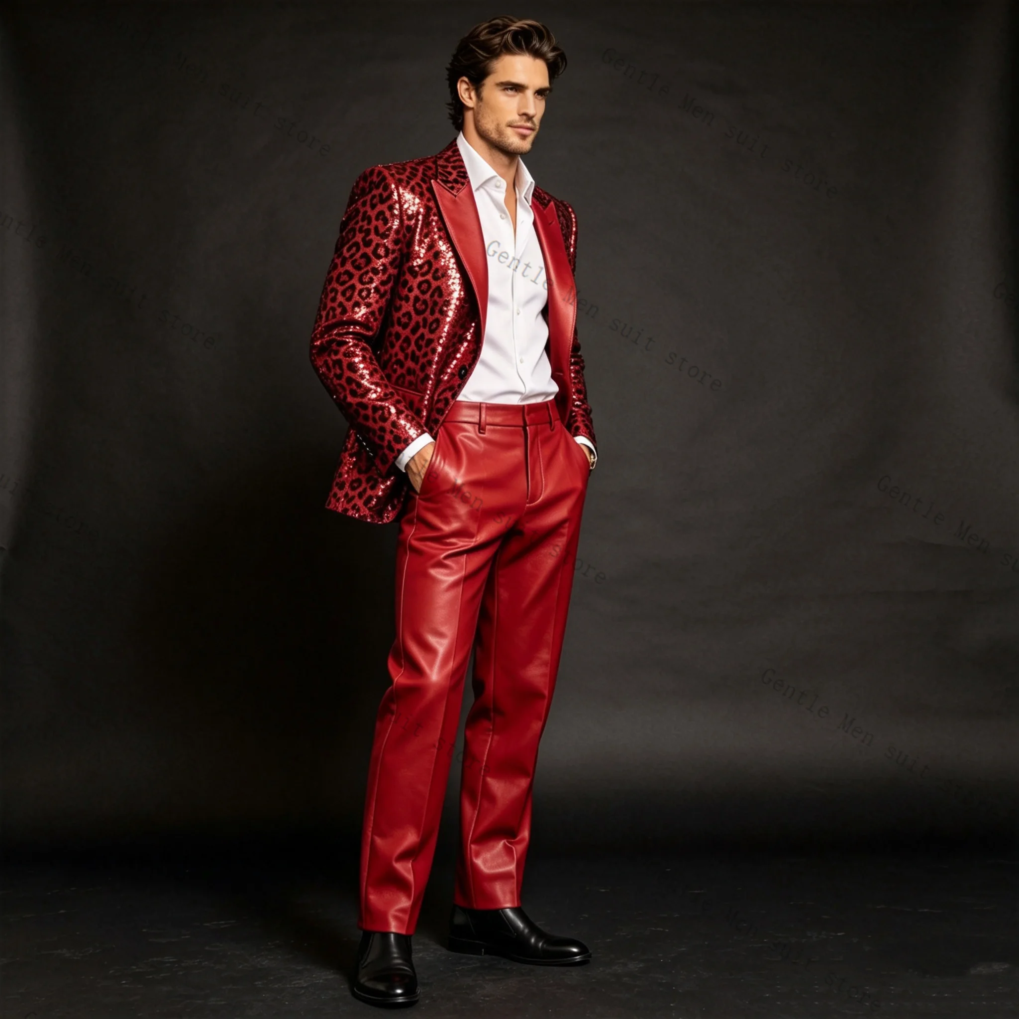 

Red Leopard Men Suit Set 2 Pcs Blazer+Pants Sequins Leather Wedding Tuxedos Formal Office Business Jacket Coat Customized