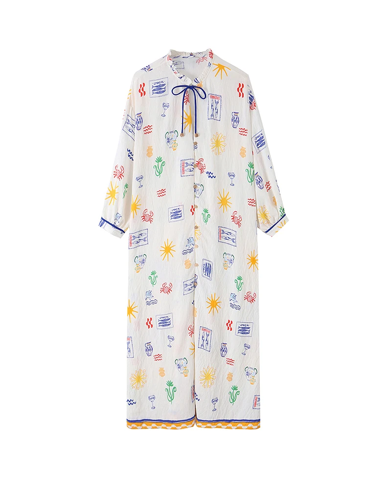 

Women Cartoon Print Midi Shirt Dress Ruffle Tie Neck 3/4 Sleeve Loose Holiday Cover Up Dresses