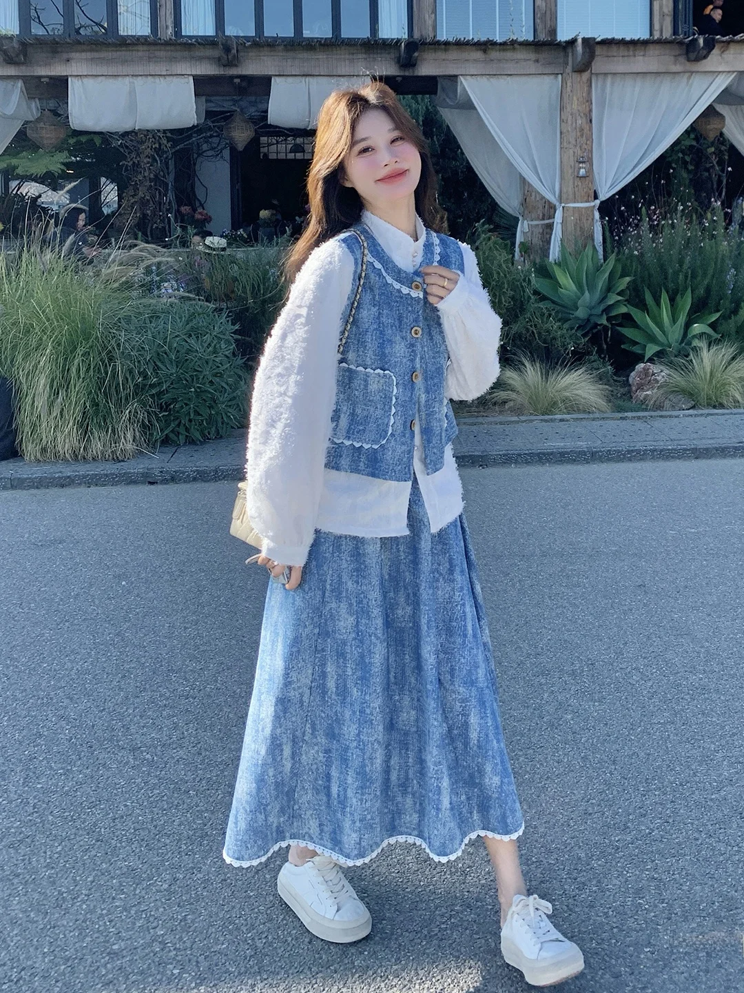 

Fre Anti-Aging Chinese Sle Brued Denim irt Set Women's Spring Autumn New Sle f Skirt Tee-Piece Suit Faionable