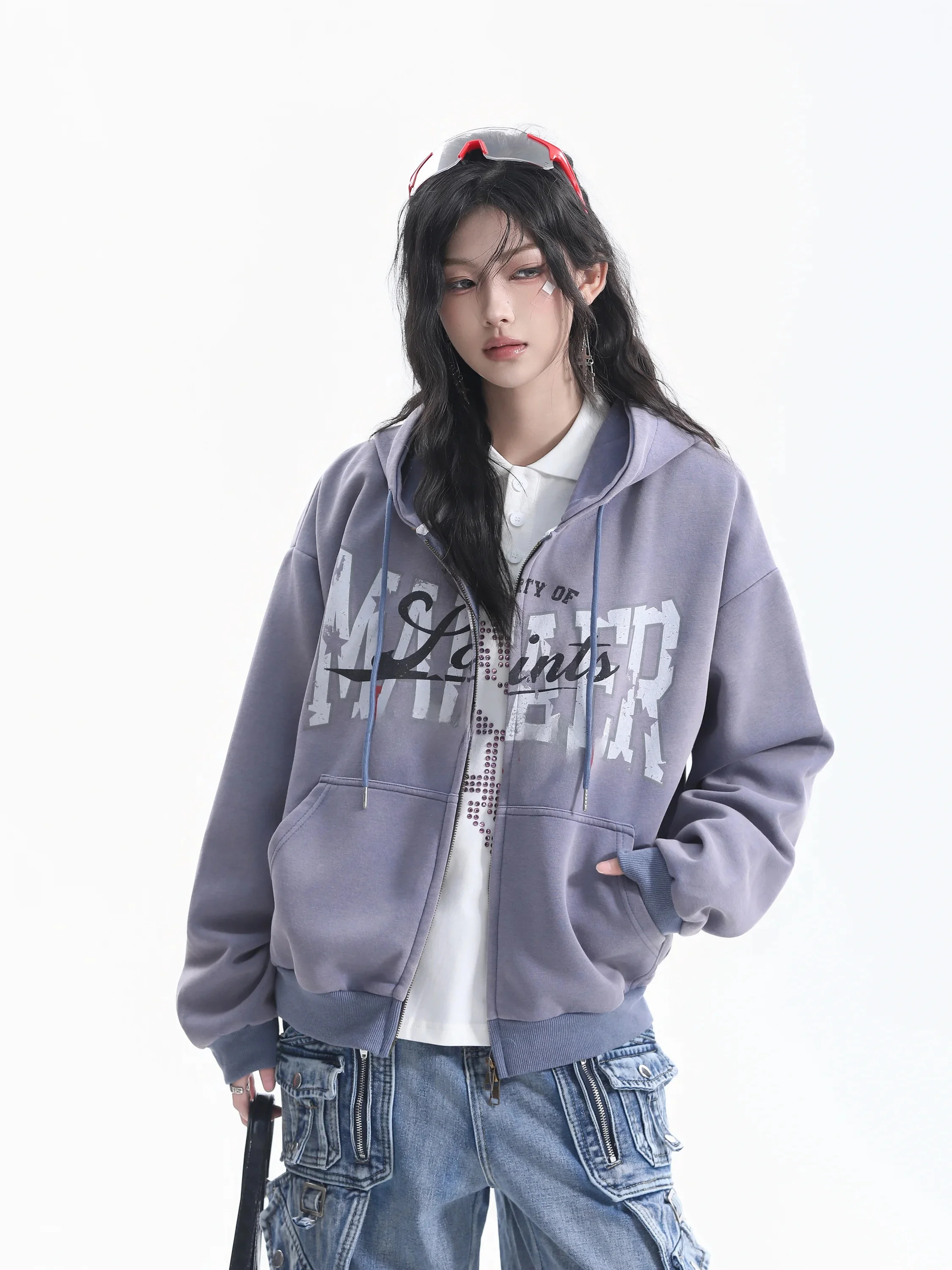 American Retro Gradient Letter Print Hooded Open Cardigan Women's Short High Street Style BF Jacket Small Ball Ball