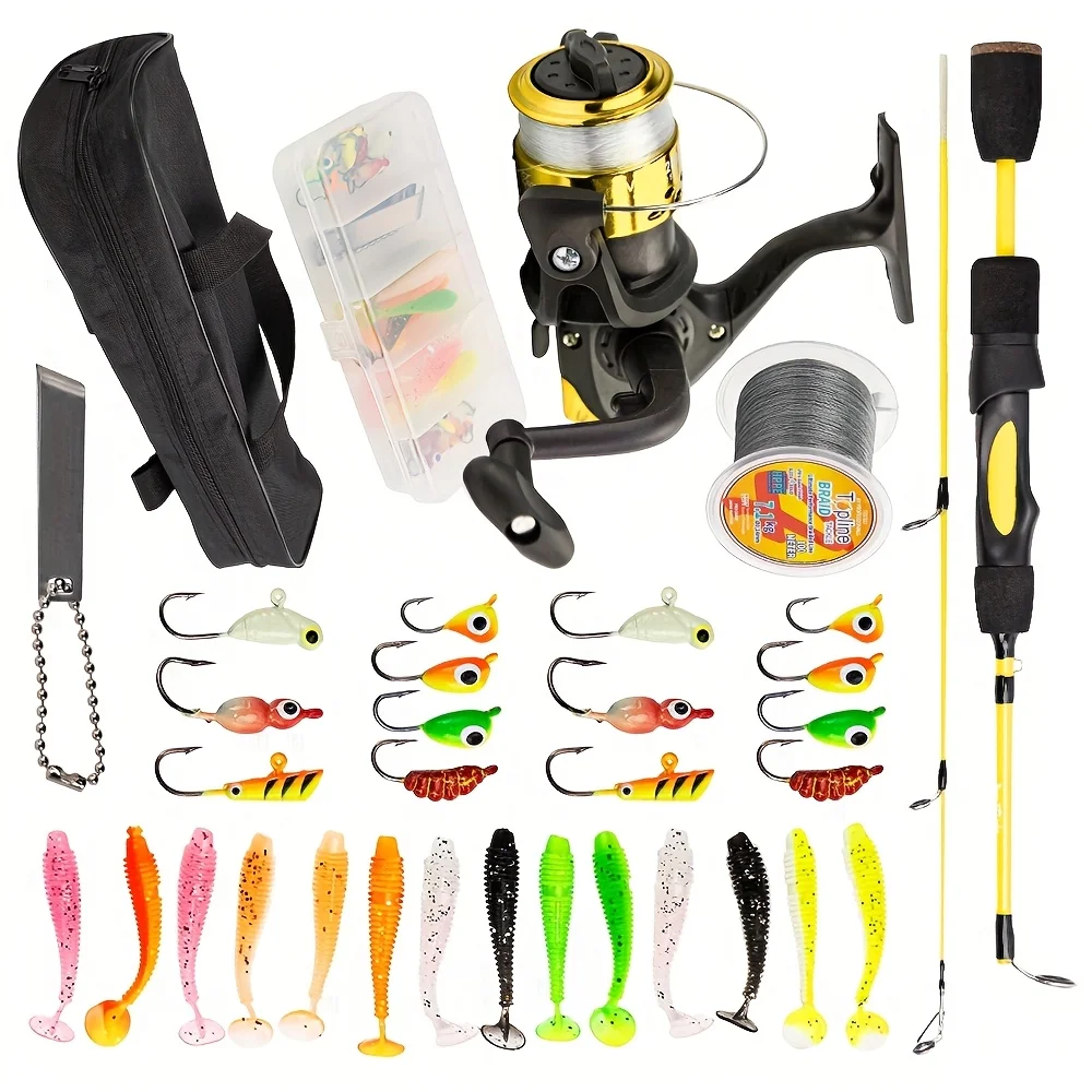 氷上釣り竿とリール、ルアー、餌、ラインセット、インラインリール付き、日常のニーズに対応、釣り竿セット、ジグフック、ソフトルアー