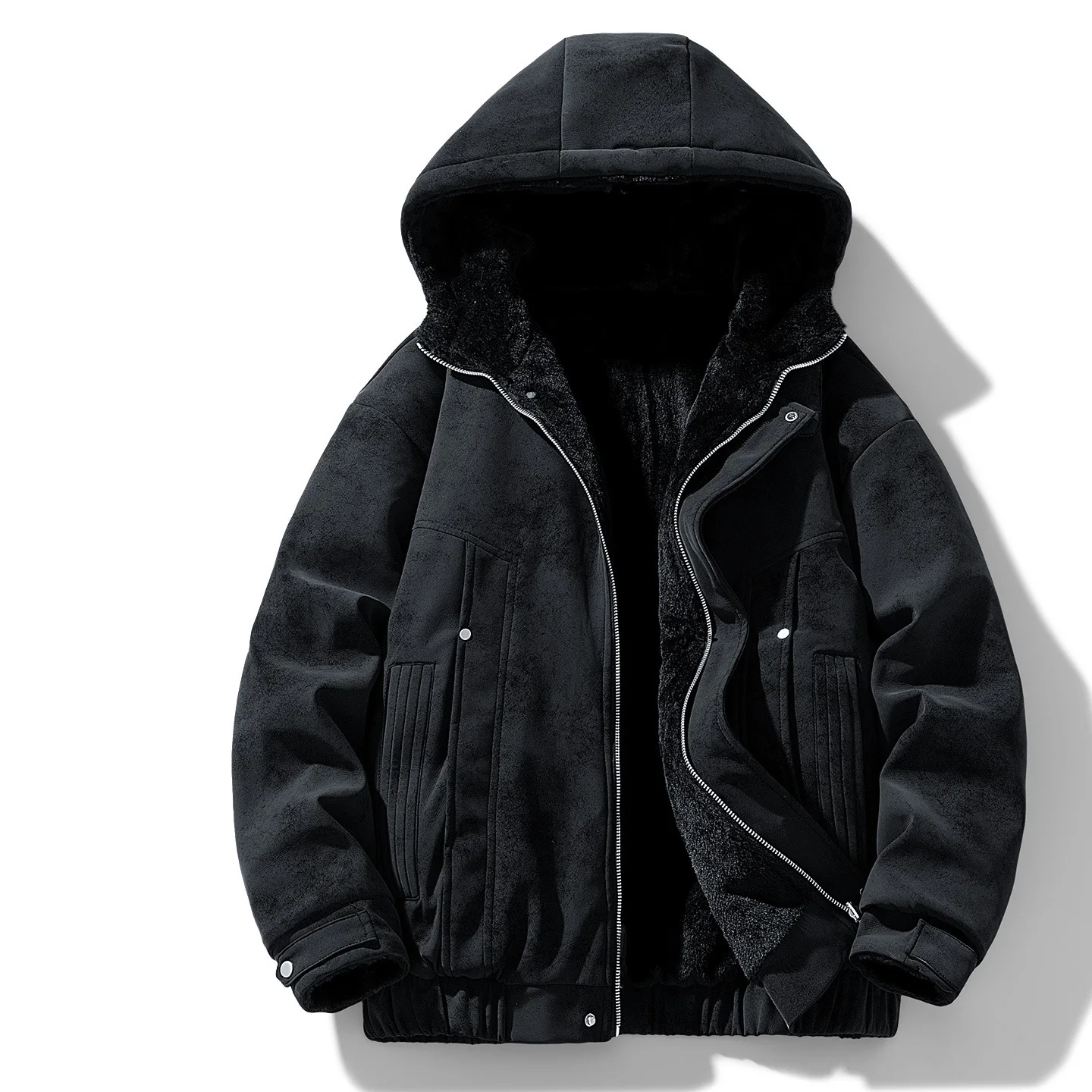 冬の男性用プラッシュジャケット、アメリカンレトロ、フード付き、両面使用可能、男性用アウターウェア、厚手フリース、長袖、ジッパー付き、ゆったりとしたメンズパーカーコート