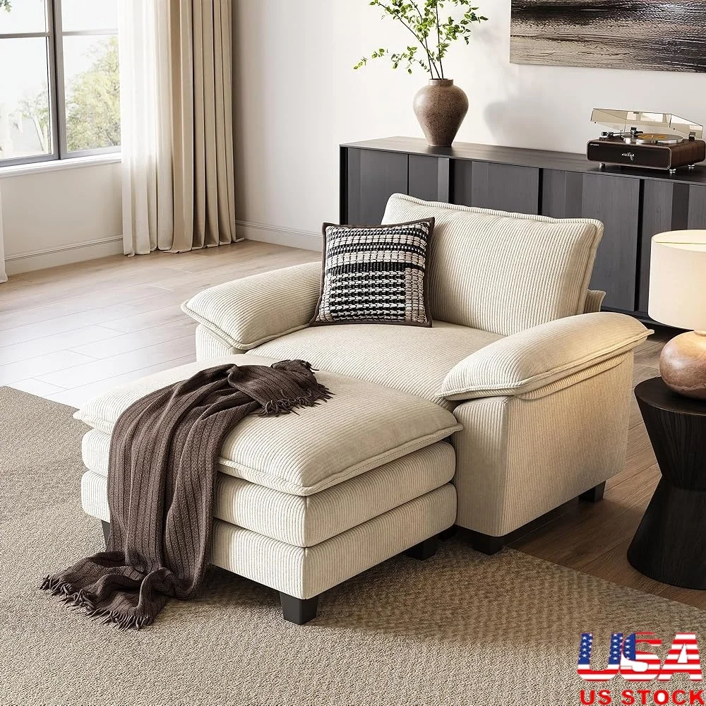 

Cloud Couch Sofa Chair with Movable Ottoman Ergonomic Design Soft Durable Corduroy Modern Single Sleeper Chaise Set Living
