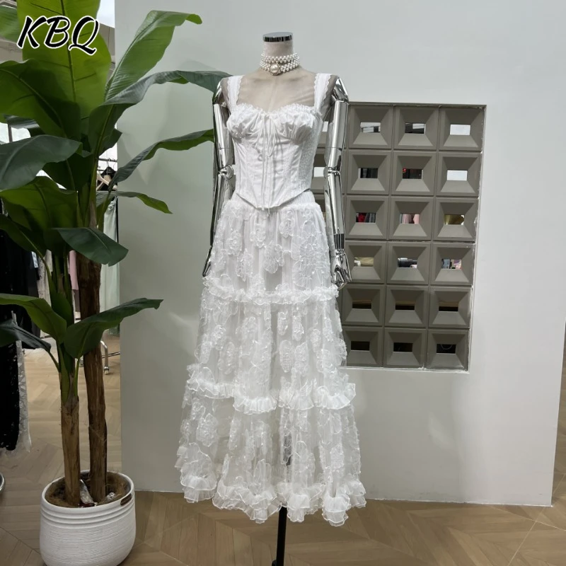 

KBQ French Solid Two Piece Sets For Women Square Collar Sleeveless Slimming Vest High Waist Ruffles Long Skirts Female Fashion