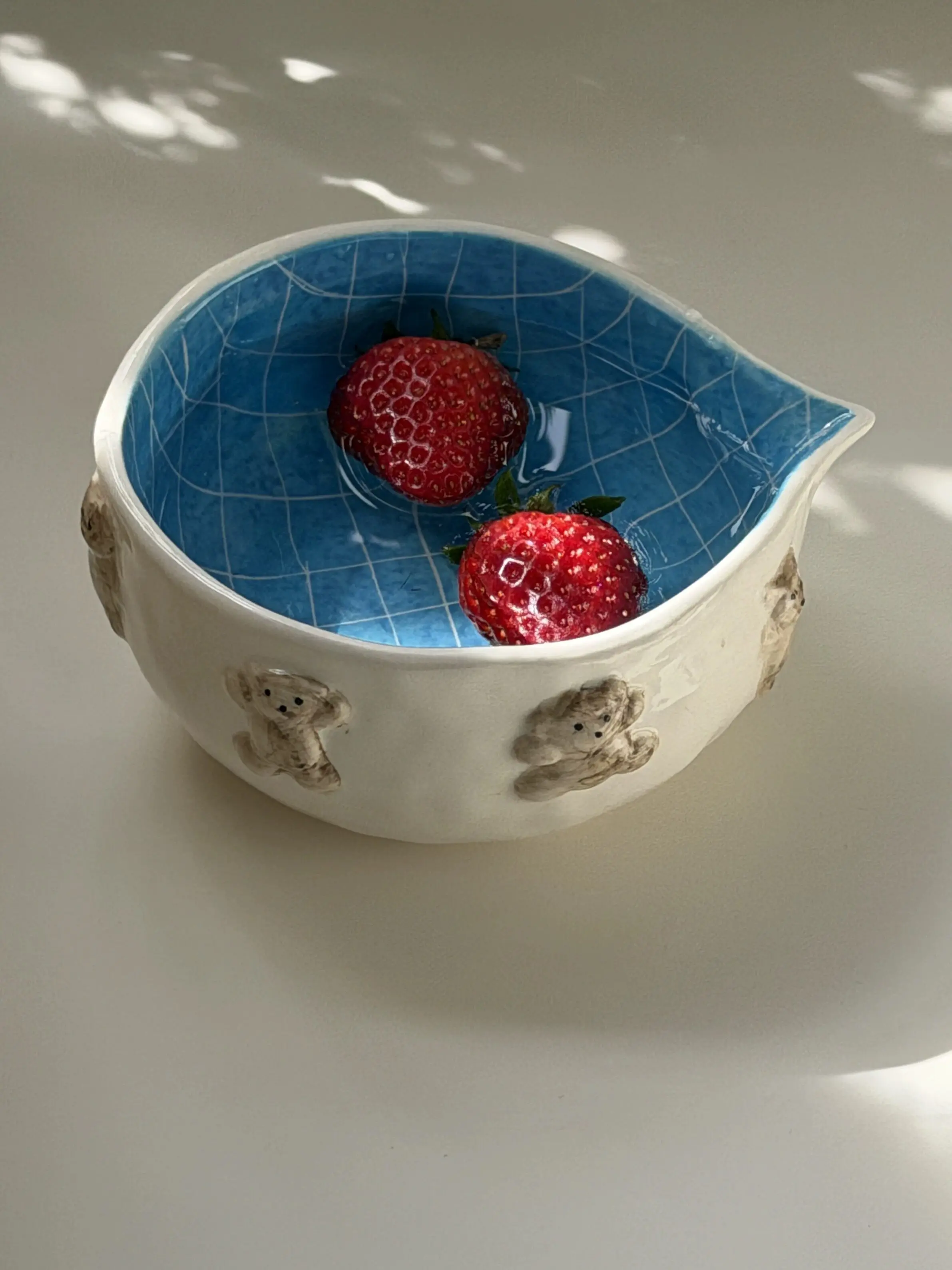 Creative Hand‑Painted Line Grid Ceramic Cup, Cute Cartoon Bear Pottery Fair Pitcher, Matcha Bowl, Tea Ceremony Tea Cup for Home