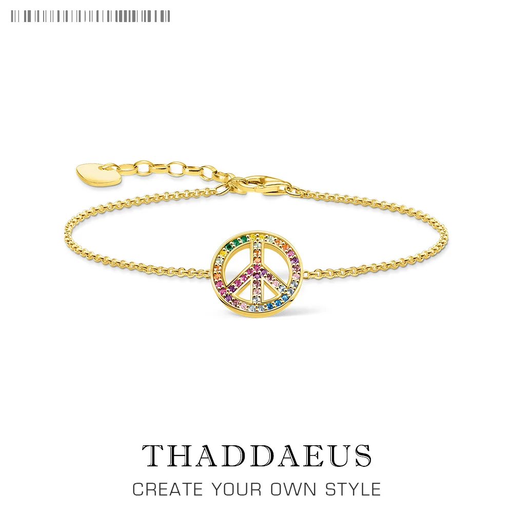 

Colorful Gold Plated Peace Sign Chain Bracelet For Women Fine Jewelry Party Pure 925 Sterling Silver Trendy Gifts