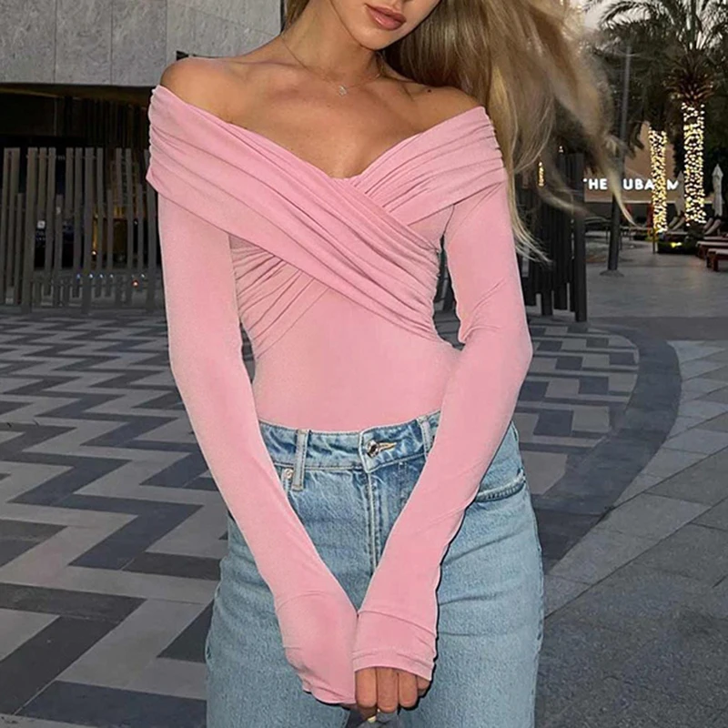 Darlingaga Fashion Fold Skinny Autumn T-shirt Ladies Basic Off Shoulder Top Solid Criss-Cross Casual Elegant Women Tee Clothing