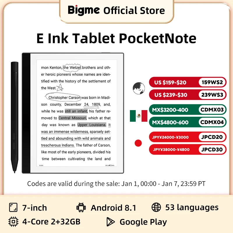 Bigme pocketnote 7-inch e Ink Screen electronic Ebook eReader E-paper tablet eink ebooks e-reader support kindle APP