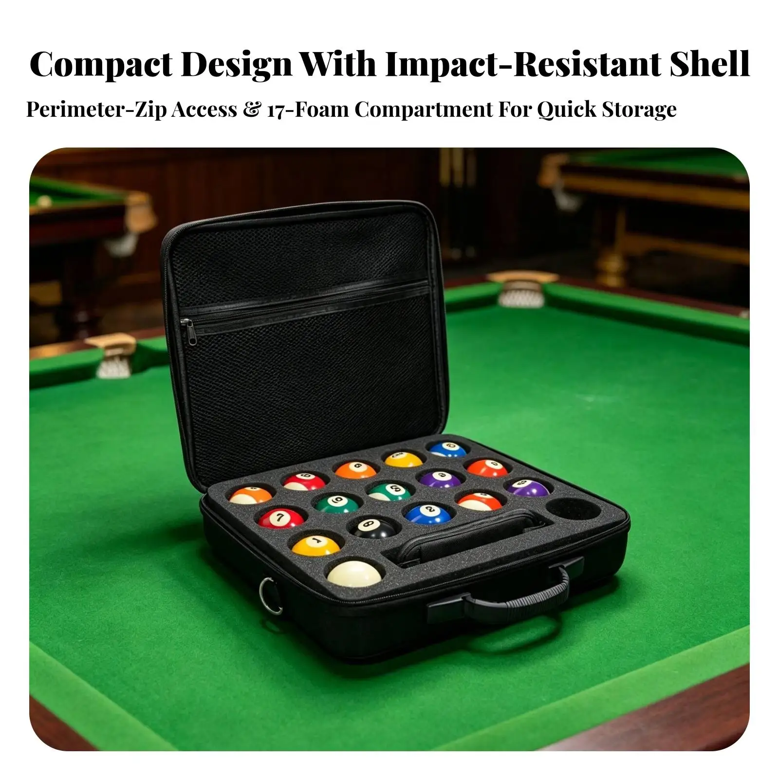 EVA Billiard Ball Pouch with Shoulder Strap and Mesh Pocket 17 Circle Slots Dustproof Pool Ball Case for Billiard Supplies Cue