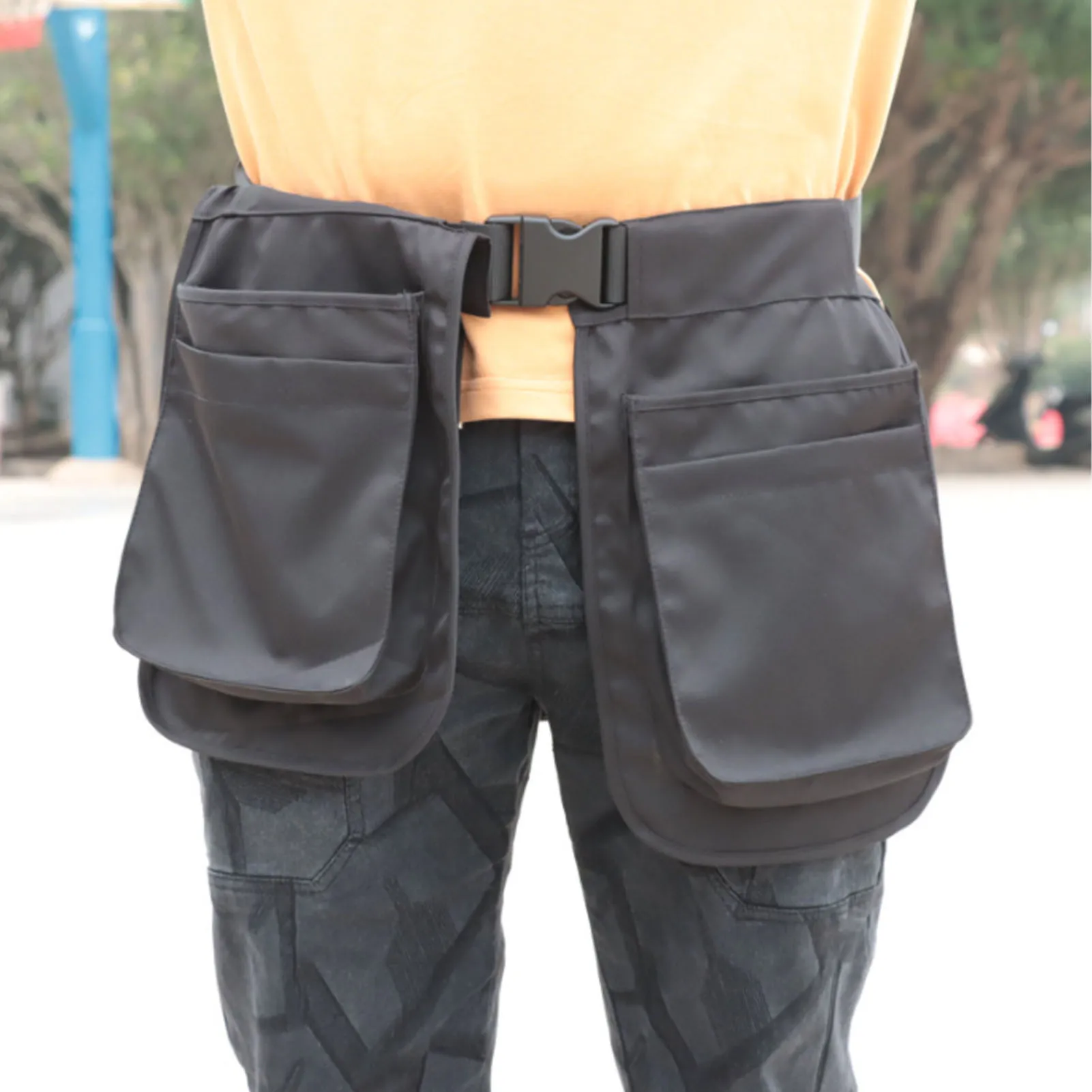 ZK20 Apron Waist Cover with Plastic Buckle Multiple Pockets Server Aprons for Man and Woman Black