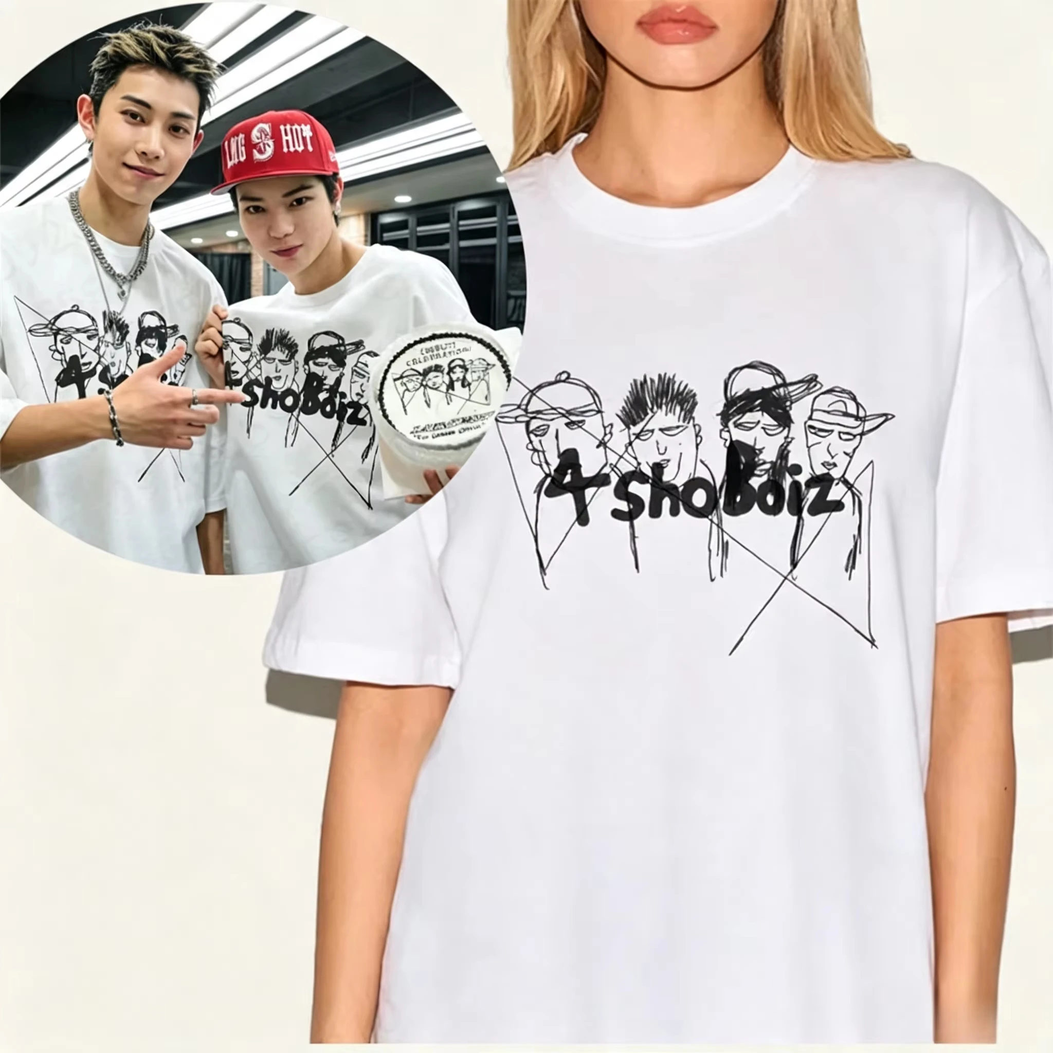 2026 Hand‑Drawn Figure Family Matching Print T‑Shirt Adults Kids Street Sketch Doodle Graphic Loose Short Sleeve Casual Tee