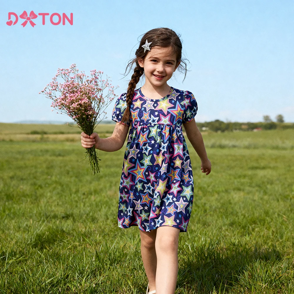 

DXTON Girls Summer Dresses Short Sleeve Children Casual Dress Star Printed Kids School Clothing Polyester Toddler Daily Dress