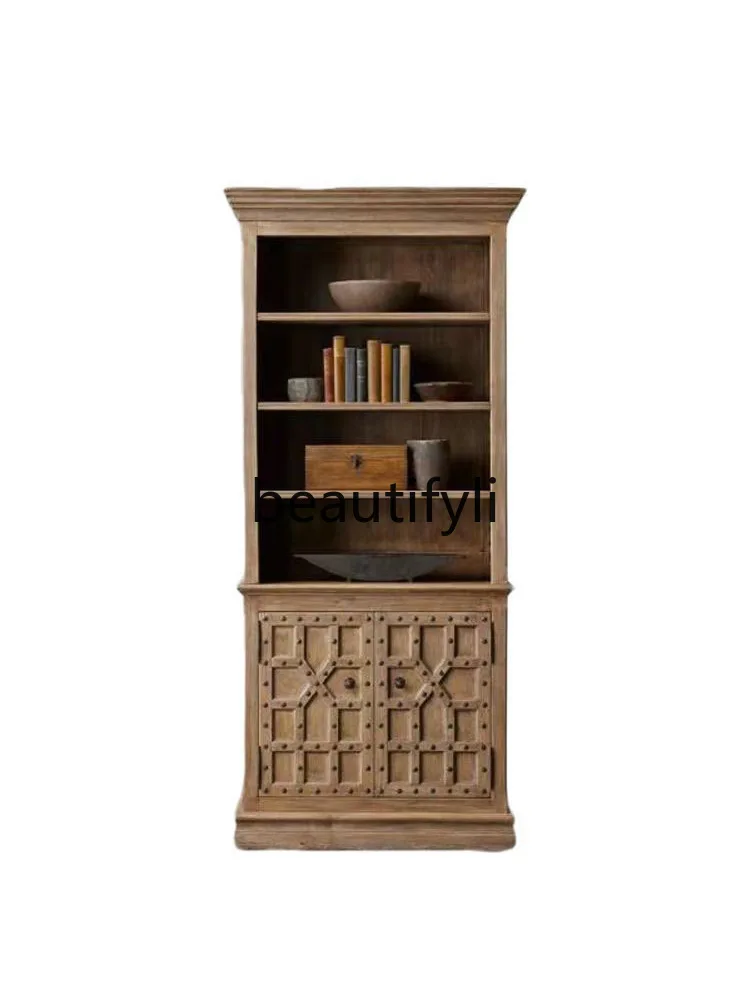 

American-style Oak Antique Solid Wood Bookcase Glass Door French Vintage Sideboard Double-door Storage Cabinet