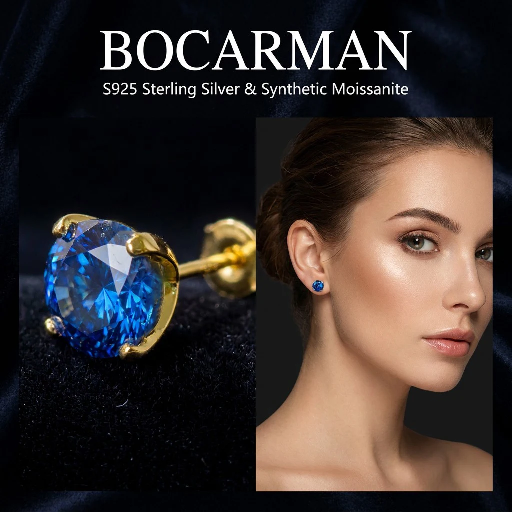 Bocarman Tansanit Blauer Zirkon S925 Silber Vier-Krallen-Ohrstecker Rundschliff Unisex Mode Funkelnd Klassisches Geschenk für Frauen – Detail 1