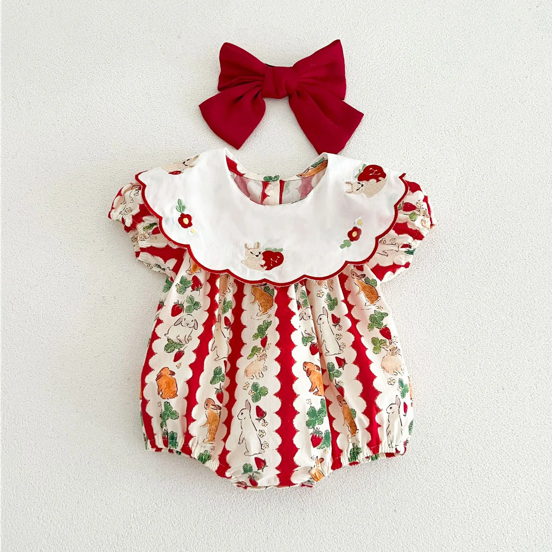 

Детский комбинезон с коротким рукавом и вышитым воротником в стиле Ins Girl с мультяшным принтом кролика, милый летний комбинезон для малышей