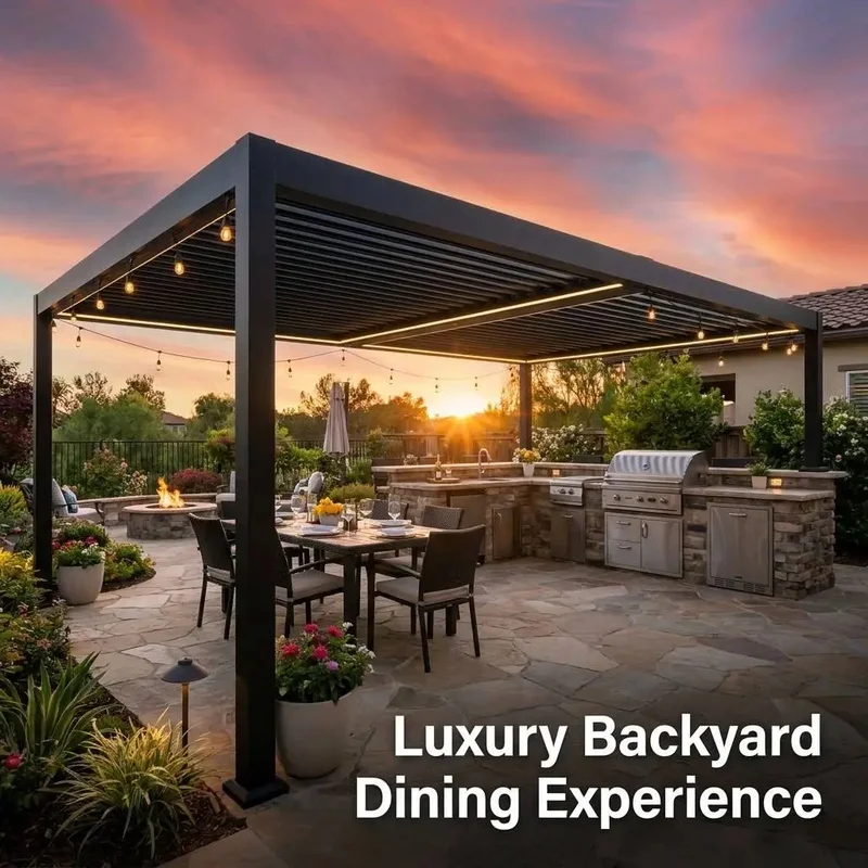 Eco Friendly Powered Pergola with Motorized Aluminum Windproof Screen Sustainable Garden Rooftop Balcony Shading