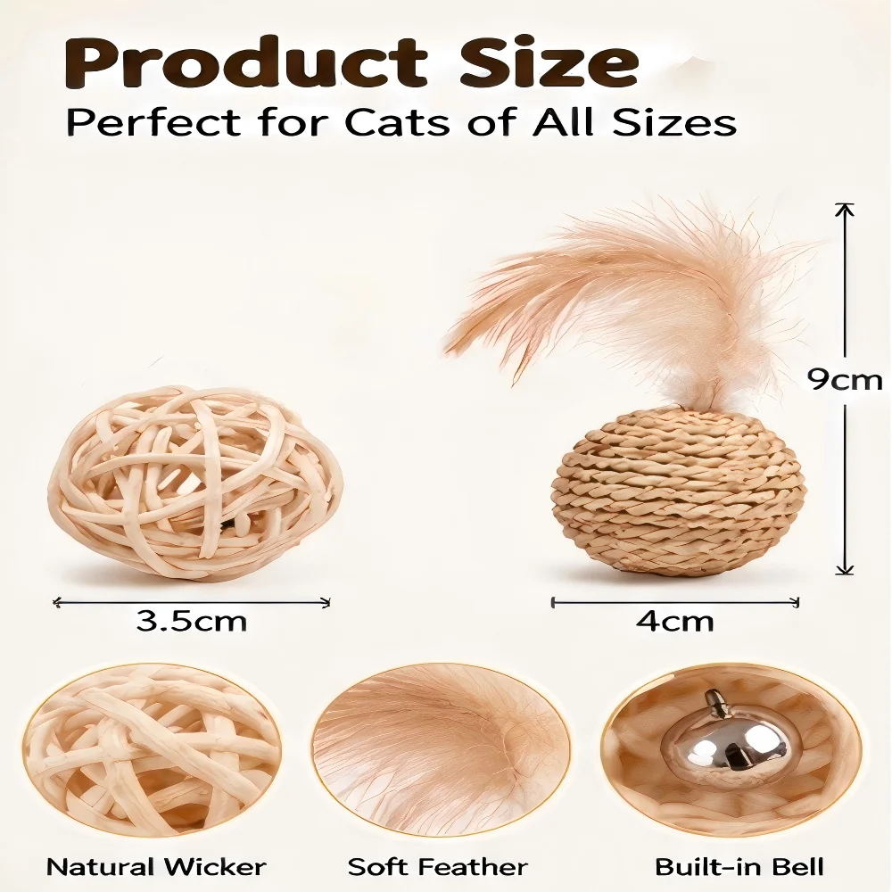 Wicker Cat Toy Ball with Bell Feathers Interactive Chasing Ball for Cats Self Play Exercise Toy Pet Playtime Toy