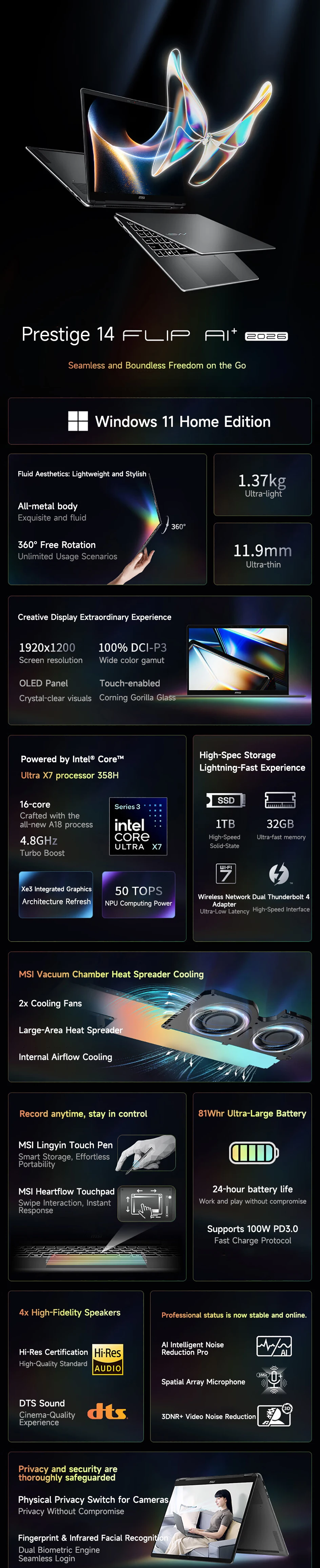 2026 MSI Prestige 14 Flip AI+ Laptop 14 Inch OLED FHD+ 60Hz IPS Screen Ultra X7-358H 32GB 1TB SSD Intel Graphics Notebook PC