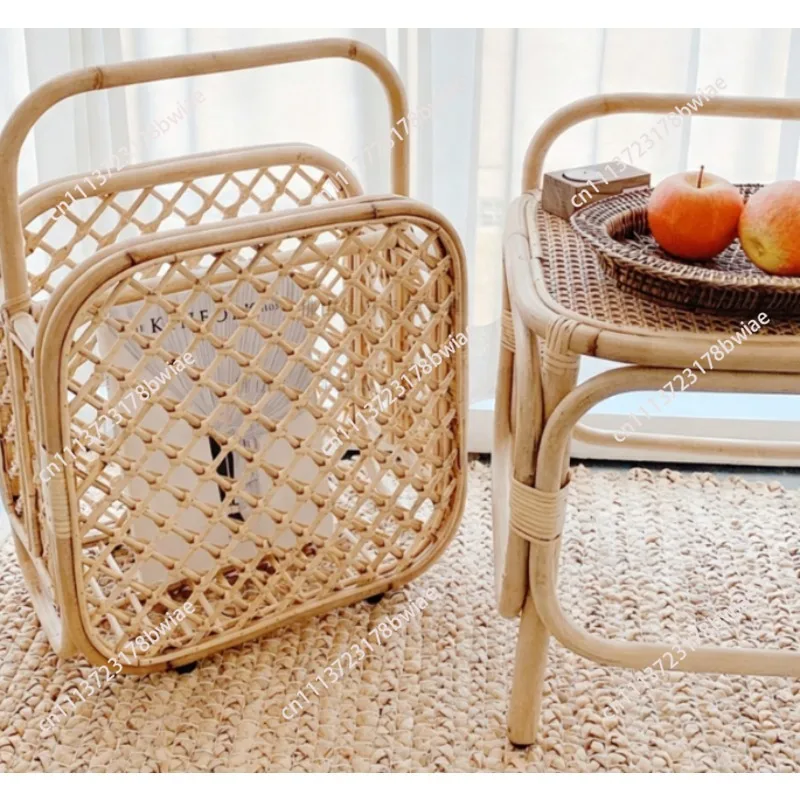 Rattan Storage Basket & Floor Standing Magazine Rack, Ins Style Bookshelf, Newspaper Organizer for Home & Homestay