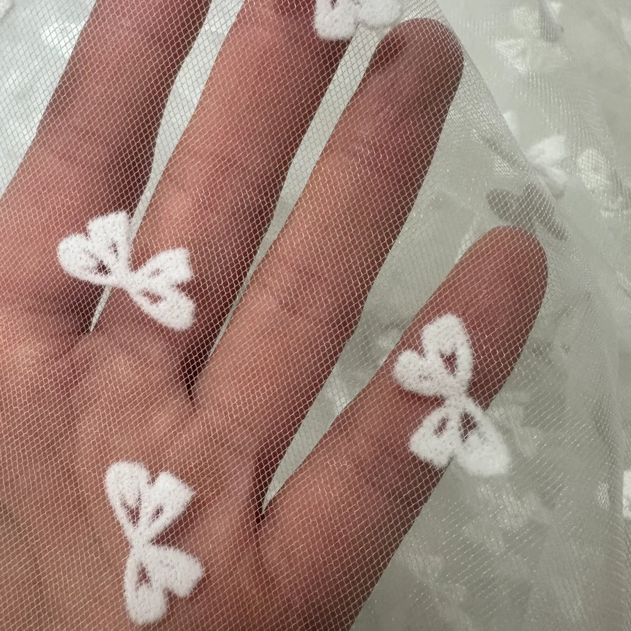 50cm White Flocking Dot Bowknot Butterfly Voile Net Fabric See Through Drape Fabric Tulle Mesh Craft Material For Curtains