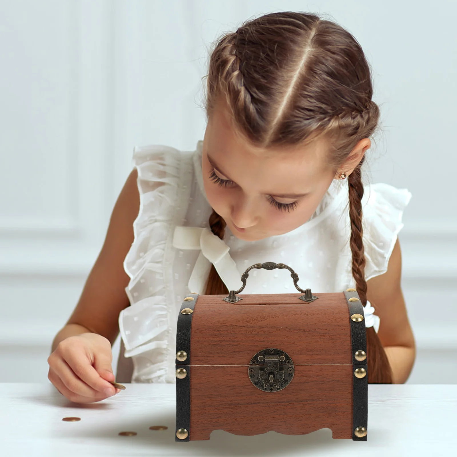 Drewniana skarbonka dla dzieci, duży rozmiar, pojemnik na pieniądze, dekoracja domu, retro drewniana skrzynia skarbów