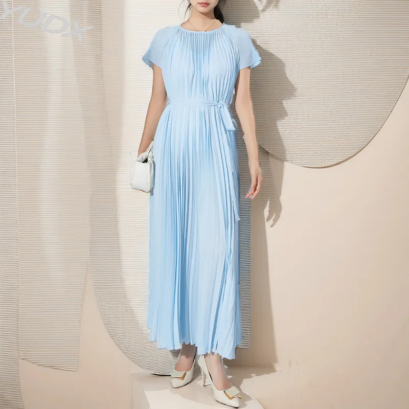 

YUDX Miyake Short-sleeved Skirt Temperament Casual High-quality Pleated Lace-up Dresses Women's Pleated Dresses 2023 Fall New