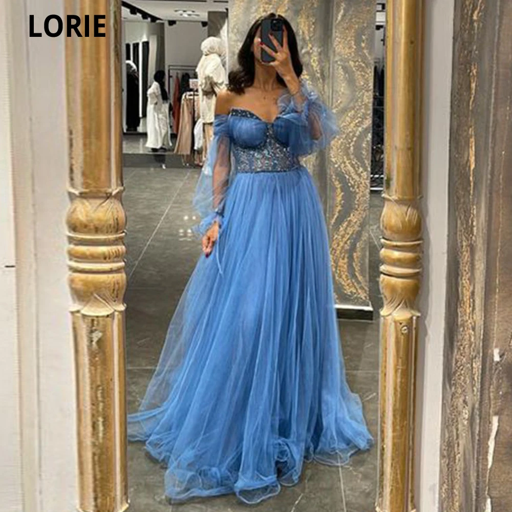 

LOIRE Tulle Long Prom Dresses 2022 Gliter Beaded Sweetheart Formal Prom Party Gowns Puff Sleeves Illusion Women's Evening Dress