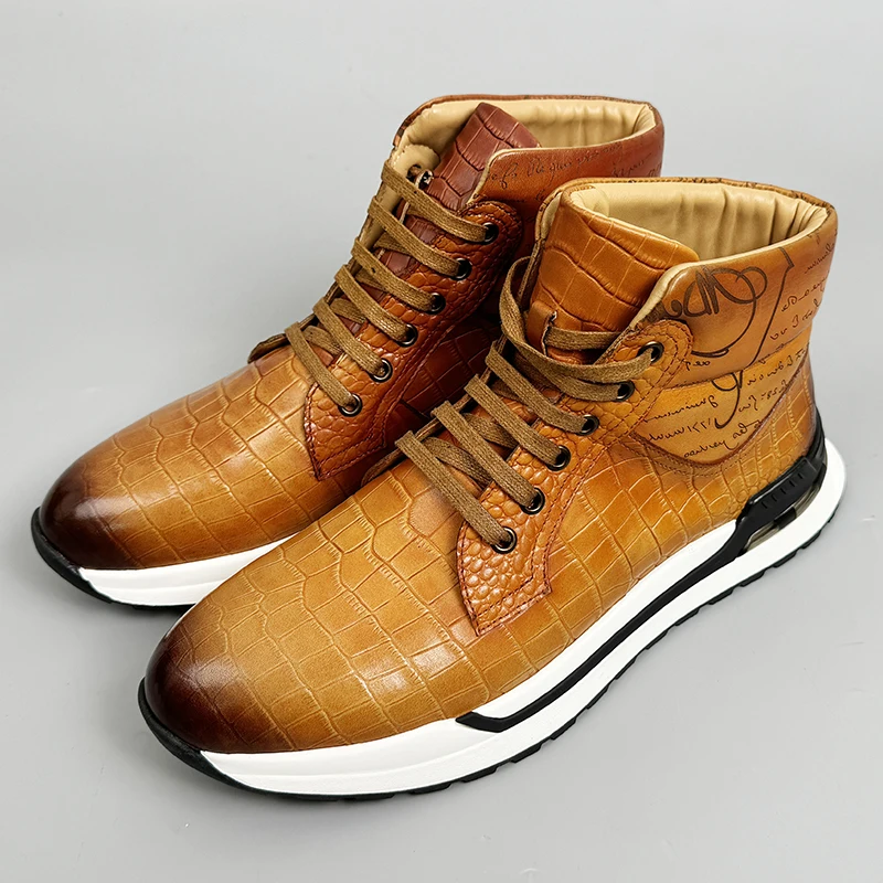 

Men's Genuine Leather High Top Sneakers Crocodile Embossed Lace Up Casual Business Daily Footwear (5 Colors Optional)