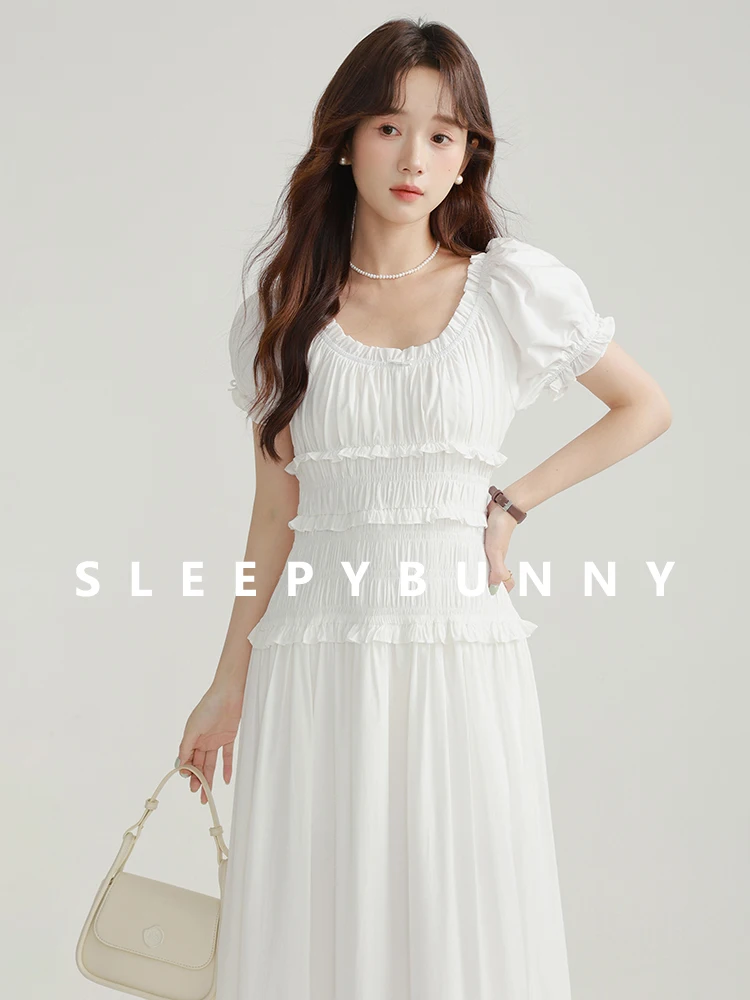 

Women Summer Sweet U-Neck Puff Sleeve Ruffled Trim Dress Waist-Cinching Slimming Petite Figures A-Line Long Dress Flattering