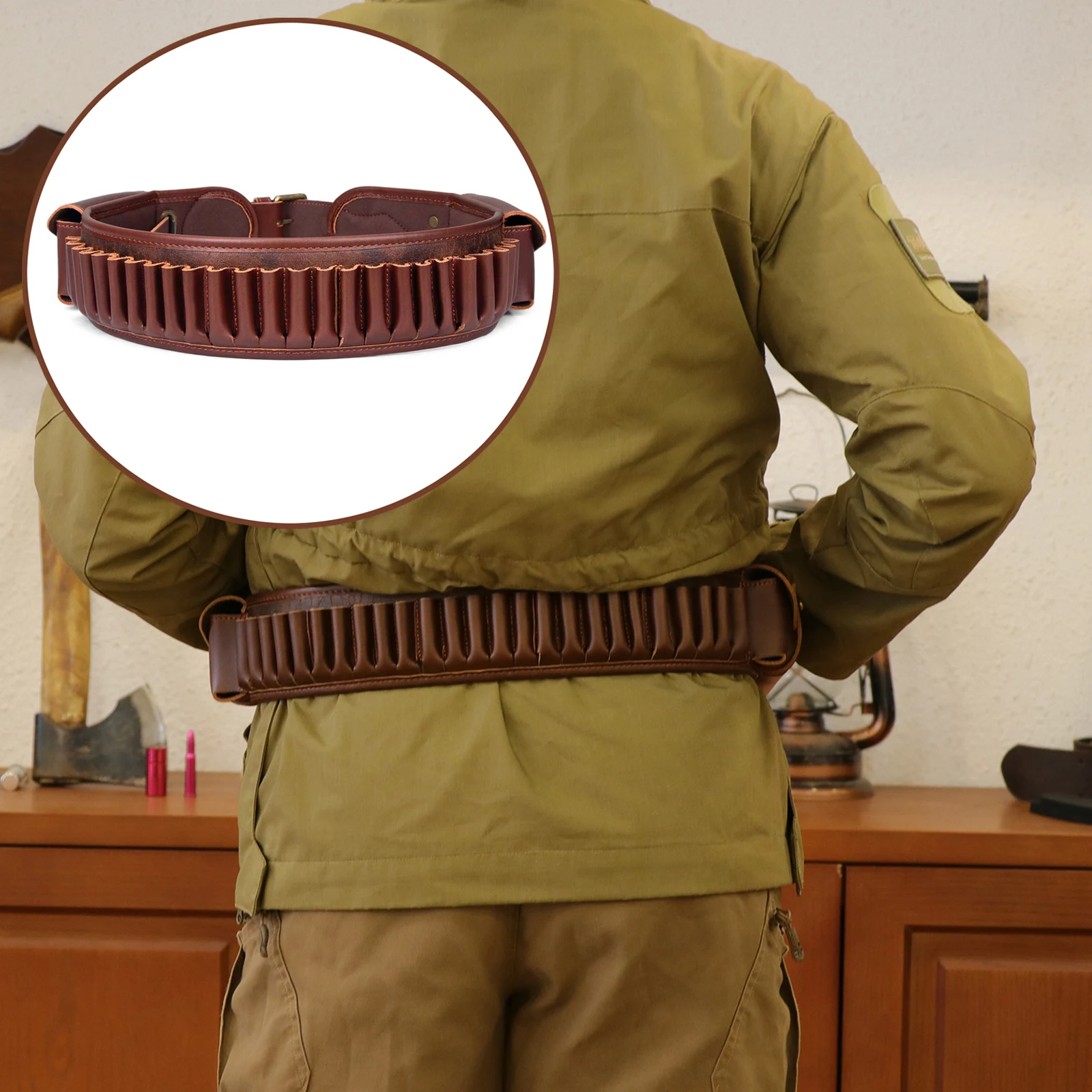 Tourbon410 jauge cartouches de munitions Bandolier PU et support de ceinture en cuir 25 cartouches avec poche 34 ''-44'' marron accessoires de chasse