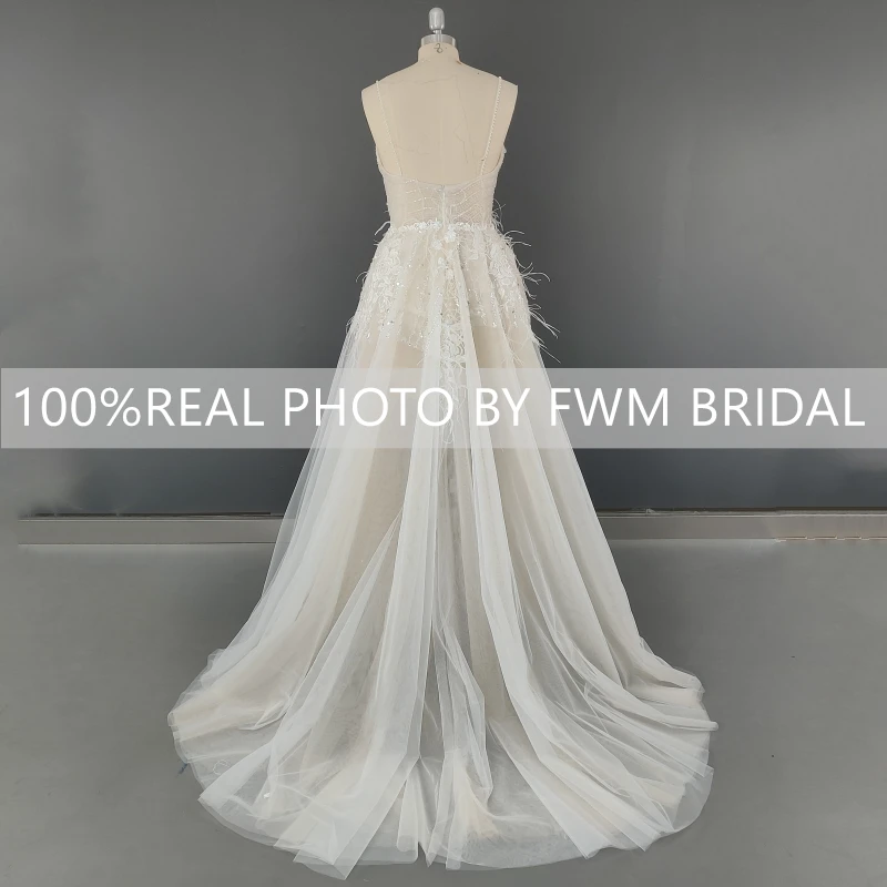 8737# Real Photos Sexy Spaghetti Straps Beaded Lace Feather Wedding Dress For Women High Slit Bridal Gown With Long Train